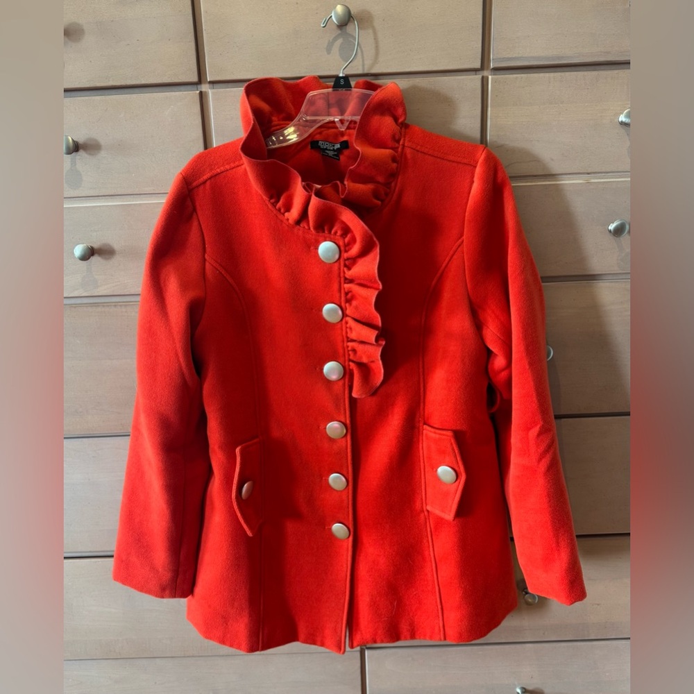 Moka Sport Vibrant Orange Pea Coat with Ruffle Detail Size Medium